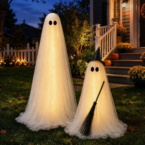 Large Ghost Halloween Yard Decor with Light-Up Spooky Ghost & Witch Broom Set