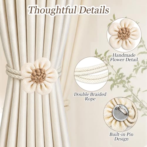 Cream Flower Curtain Tiebacks 2 Pack with Adjustable Rope & Wooden Bead - No Drill Decor