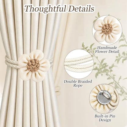 Cream Flower Curtain Tiebacks 2 Pack with Adjustable Rope & Wooden Bead - No Drill Decor
