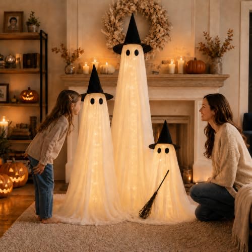 Halloween Outdoor Lighted Ghost Family 3 Pack with Timer & Remote - L+M+S