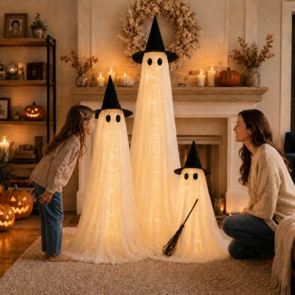 Halloween Outdoor Lighted Ghost Family 3 Pack with Timer & Remote - L+M+S