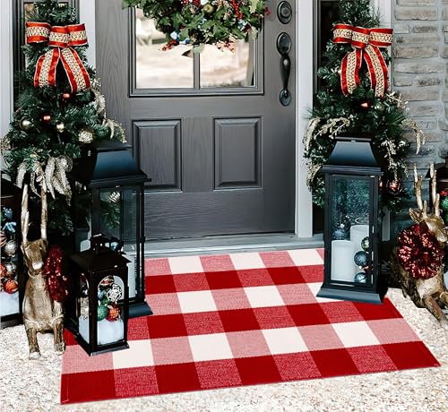 Red Buffalo Plaid Christmas Door Mat Outdoor Rug 24x35 Welcome Entryway Rug