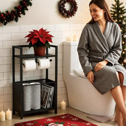 Black Freestanding Toilet Paper Holder Stand with Metal Mesh Basket and Storage