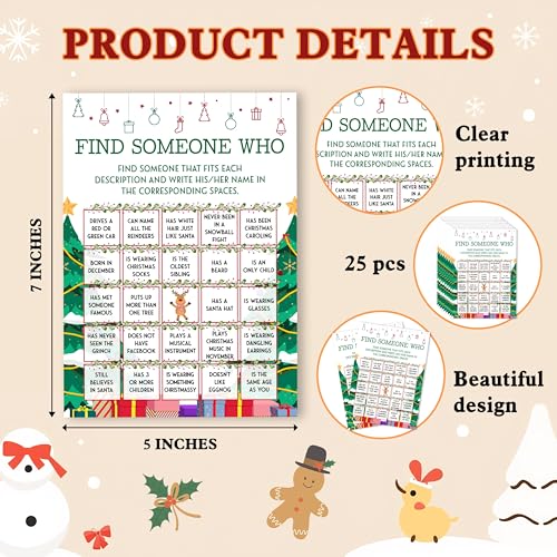 Christmas Find Someone Who Game Cards Set - Holiday Party Bingo for Adults & Families