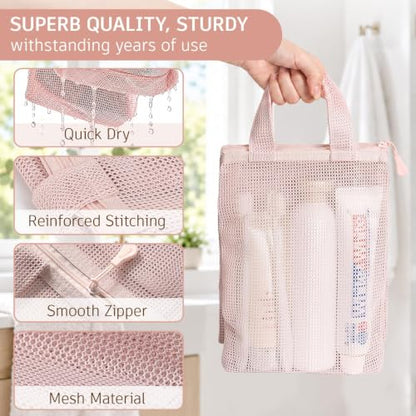 Pink Mesh Shower Bag with Zipper and 3 Pockets - Small Portable Shower Caddy