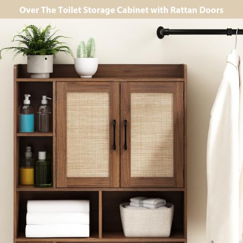 Rattan Over The Toilet Storage Cabinet - Walnut Finish Bathroom Organizer