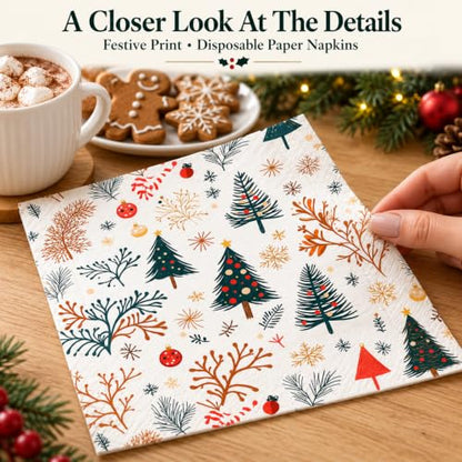Christmas Paper Napkins Set - Multicolor Square Design, 50 Count, 6.5 x 6.5 Inches