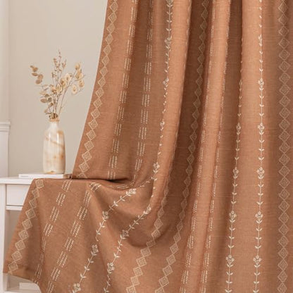 Terracotta Boho Blackout Curtains Set - 50W x 84L, 2 Panels, Vintage Floral Farmhouse Style, Linen Cotton Blend, Autumn Rust Orange Pattern, Autumn Drapes