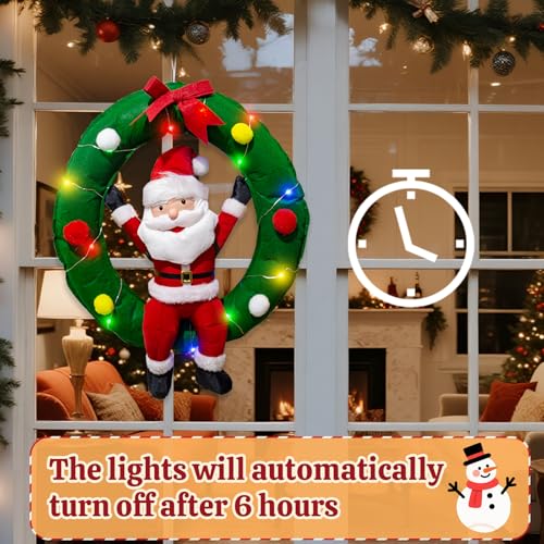 34-Inch Hanging Christmas Decor Santa Claus in Wreath with LED Lights - Holiday Indoor Outdoor Decoration - Variation of Santa Claus in Wreath