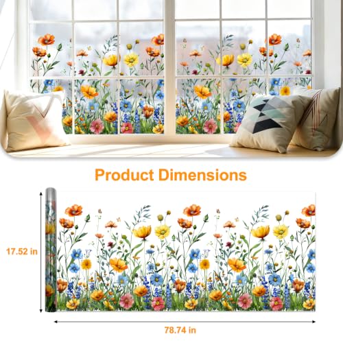 Decorative Static Cling Window Film - Field Poppy Floral Design, 78.7" x 17.5" - Reusable, No-Residue, Bubble-Free Installation