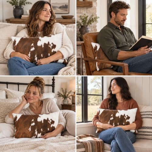 Brown Cowhide Print Lumbar Throw Pillow 12x20 Inch with Full Insert - Rustic Farmhouse Decor