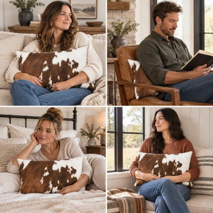 Brown Cowhide Print Lumbar Throw Pillow 12x20 Inch with Full Insert - Rustic Farmhouse Decor