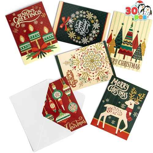 JOYIN 30 PCS Boxed Christmas Cards Assortment Elegant Icons With Envelopes, Diverse Festive 6 Designs for Winter Holiday Xmas Season Merry Christmas Cards, Present Giving, Wintertime Gifts