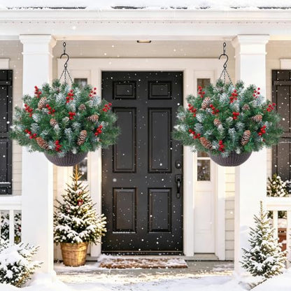 24 Inch Artificial Christmas Hanging Basket with Lights - Outdoor Decor - Variation 1