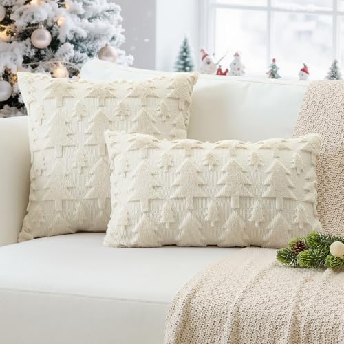 Christmas Tree Throw Pillow Cover 12x20in Faux Fur Wool Decorative Cushion - Cream Beige