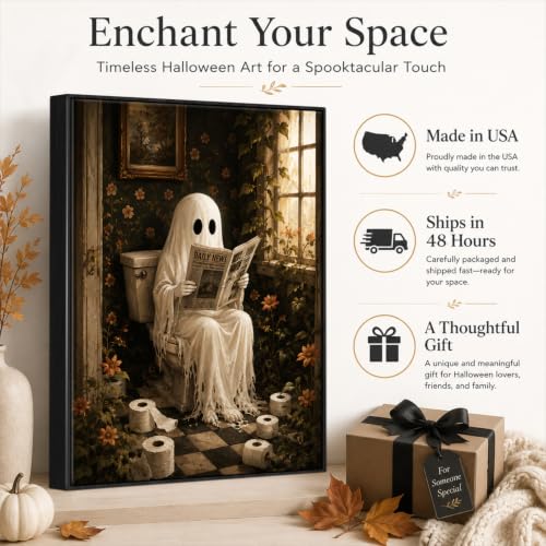 Halloween Ghost Wall Art Canvas Print - Reading Ghost in Bathroom 8x10