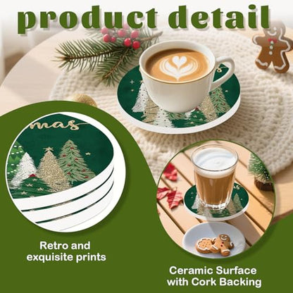 Christmas Ceramic Coasters Green Gold Xmas Tree Drink Coasters Set - Holiday Home Decor