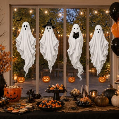 Extra Large Halloween Window Clings - Ghost Witch Hat Pumpkin Decals - Ghost Witch Hat Pumpkin Variation