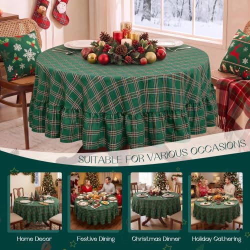 Romanstile Christmas Green Plaid Ruffled Round Tablecloth 70 Inch - Holiday Decor