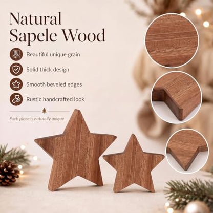 Rustic Wooden Christmas Stars Tabletop Decor Set - 4.72 Inches, 2 Pieces