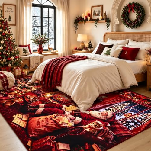 Santa Christmas Living Room Rug 4x6 Washable Non Slip Holiday Decor - Rectangular