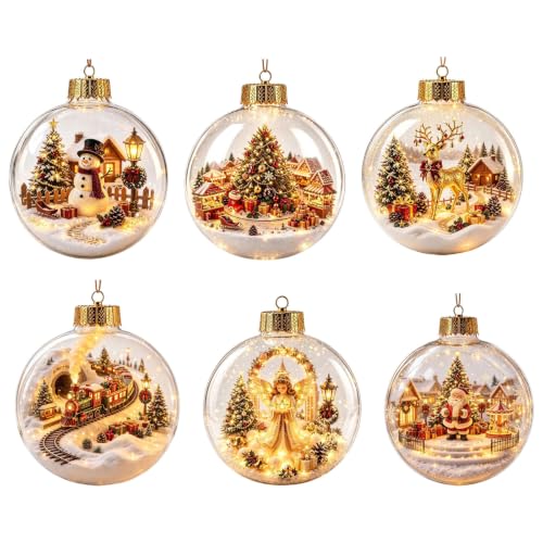 12pcs Glowing Christmas Ornaments Mini Gold Light-Up Holiday Decor with Scene Inside