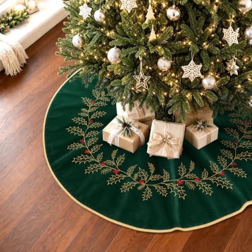 Christmas Tree Skirt 36 Inch Green Velvet with Embroidered Holly Leaves - Leaf Green