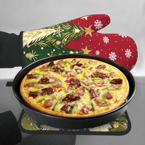 Christmas Tree Oven Mitts and Pot Holders Set - Pine Tree Design, 2 Pack