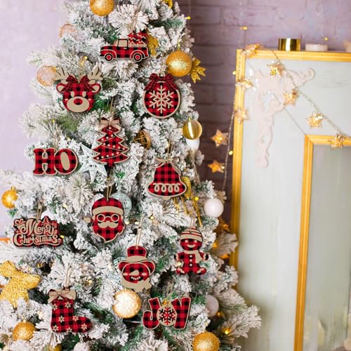 Christmas Buffalo Plaid Ornaments Set - Rustic Wooden Holiday Decor, Black Red Variation