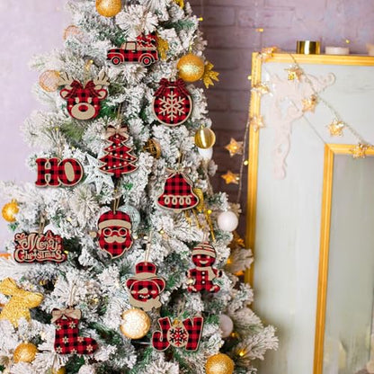 Christmas Buffalo Plaid Ornaments Set - Rustic Wooden Holiday Decor, Black Red Variation