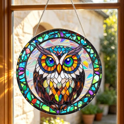 Wise Owl Pattern Sun Catcher - 7.87 Inch Acrylic Window Decor with Chain - Indoor & Garden Wall Art
