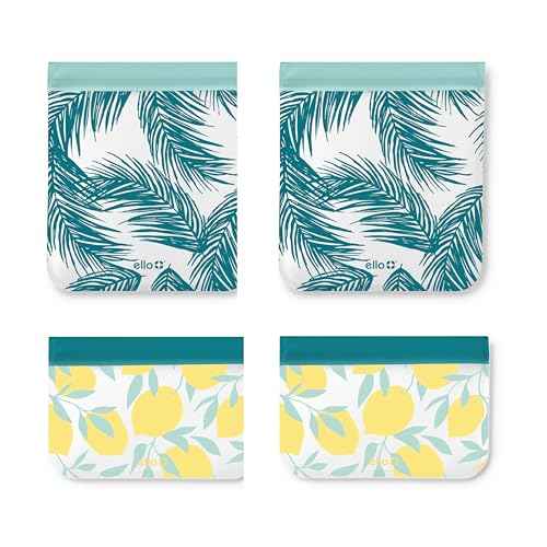 Ello 4 Pack Reusable Food Storage Bags, Resealable BPA-Free, Food-Safe PEVA, Feezer Safe and Leak-Proof
