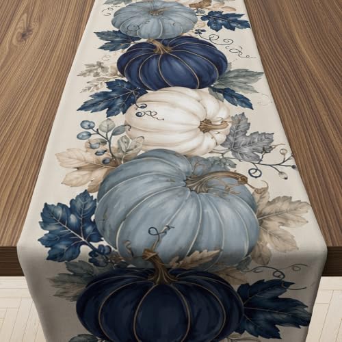 Fall Pumpkin Table Runner - Blue and White Thanksgiving Decor - Variation of Fall Pumpkin