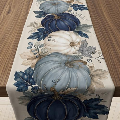 Fall Pumpkin Table Runner - Blue and White Thanksgiving Decor - Variation of Fall Pumpkin