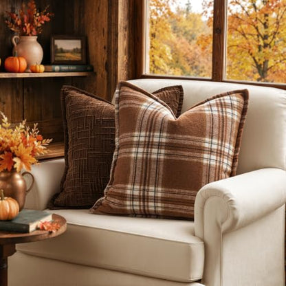 MIULEE Fall Plaid Pillow Covers 20x20 Inches Brown & White Set of 2 - Reversible Farmhouse Decor
