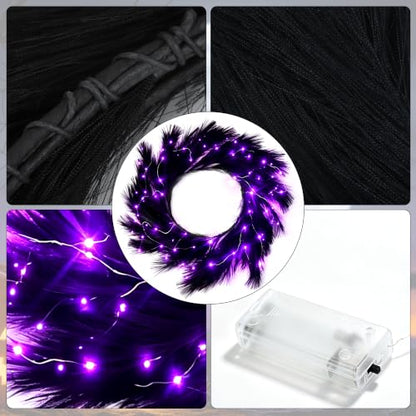 26-Inch Halloween Wreath with Lights, Black Pampas Decor, Boho Front Door Decoration