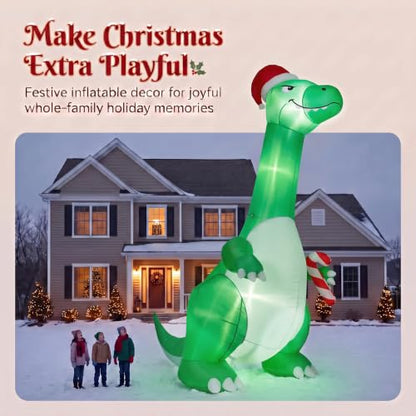 Green 12FT Christmas Inflatable Dinosaur with Santa Hat - Outdoor Holiday Decor