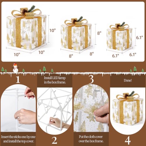 Lewondr Golden Christmas Lighted Gift Boxes Set - Glitter Xmas Tree Pattern, USB Powered with Remote Control