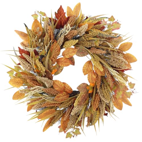 26-Inch Fall Wreath with Wheat Harvest Variation for Front Door, Indoor Outdoor Autumn Decor