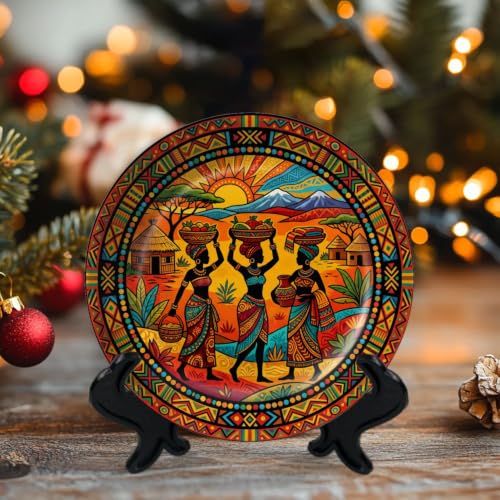 10-Inch Ceramic Decorative Plate with Stand & Wall Hook - African Style, Color7