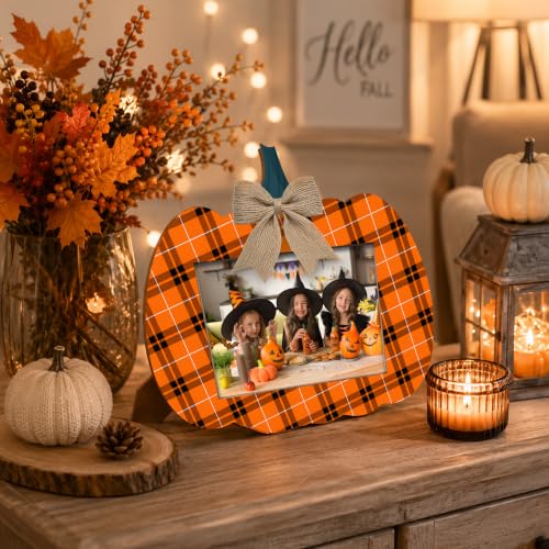 Rustic Fall Pumpkin Wooden Photo Frame for 4x6 Photos, Thanksgiving & Halloween Decor