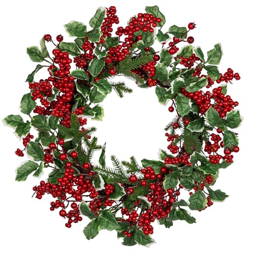 Artificial Christmas Wreath for Front Door, Real Touch Pine with Berry Clusters & Holly - Red & Green, 18 Inches