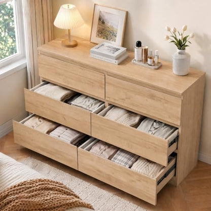 6-Drawer Dresser with Natural Oak Finish, Handle-Less Modern Bedroom Chest