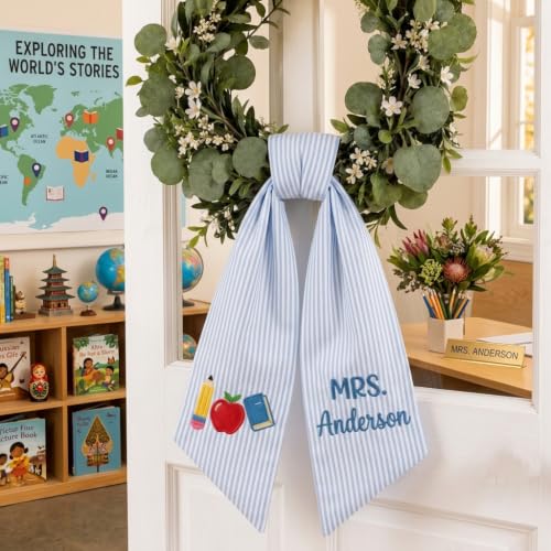 Gingham Baby Blue Personalized Teacher Door Wreath Bow with Embroidered Name