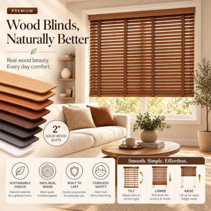 Dark Brown 2-Inch Wooden Blinds - Custom Real Wood Window Shades