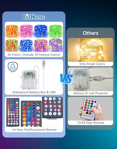 34-Color Battery Operated Twinkle Lights with Remote and USB - 33FT Silver Wire RGB Fairy Lights