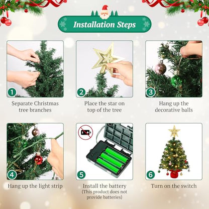 Uten Mini Christmas Tree Set 2ft with 56 Ornaments & Gold Treetop - Green J