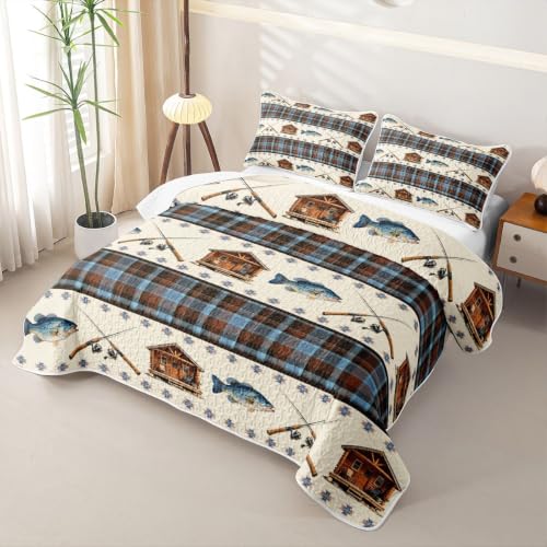 Gone Fishing King Size Quilt Set Brown Blue - All-Season Bedspread & Pillowcases