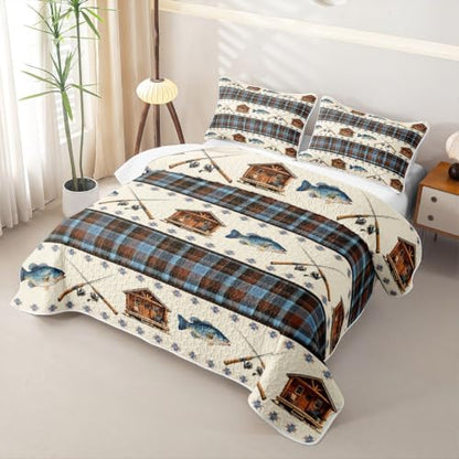 Gone Fishing King Size Quilt Set Brown Blue - All-Season Bedspread & Pillowcases