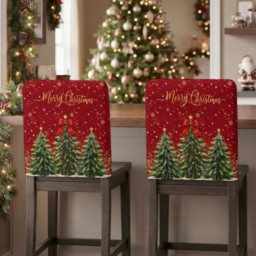 Red & Green Christmas Tree Chair Covers Set of 6 - Snowflake Balls Holiday Slipcovers